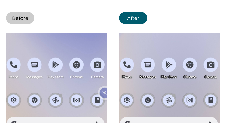 The Android 12 Home screen before and after High-contrast text is enabled